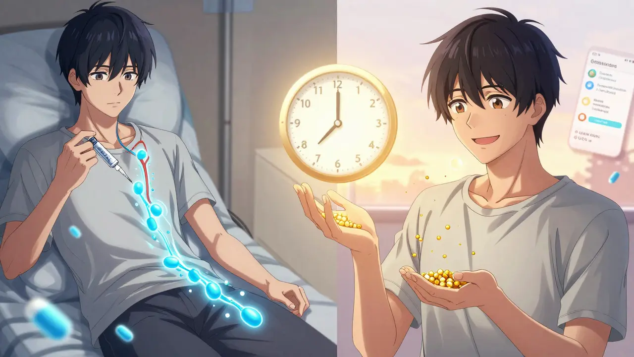 Split scene: patient receiving insulin then recovering after stopping steroids, with glowing sugar particles fading.