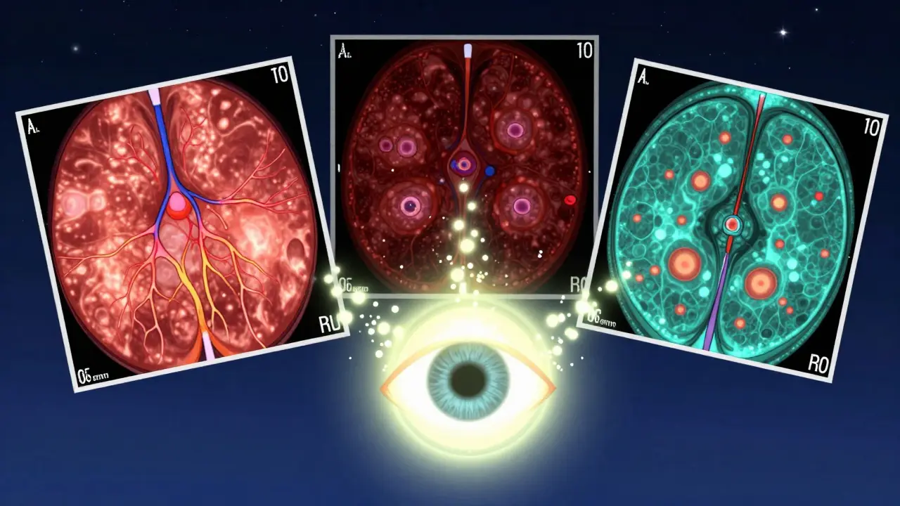 Three eye imaging techniques — fundus photo, OCTA, and FA — visually merged around a patient's eye, symbolizing combined diagnostic power.