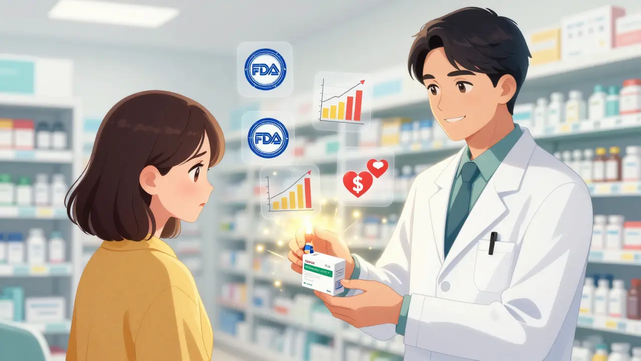 A doctor and pharmacist confidently hand a patient a generic medication, with symbols of trust and savings glowing around them.