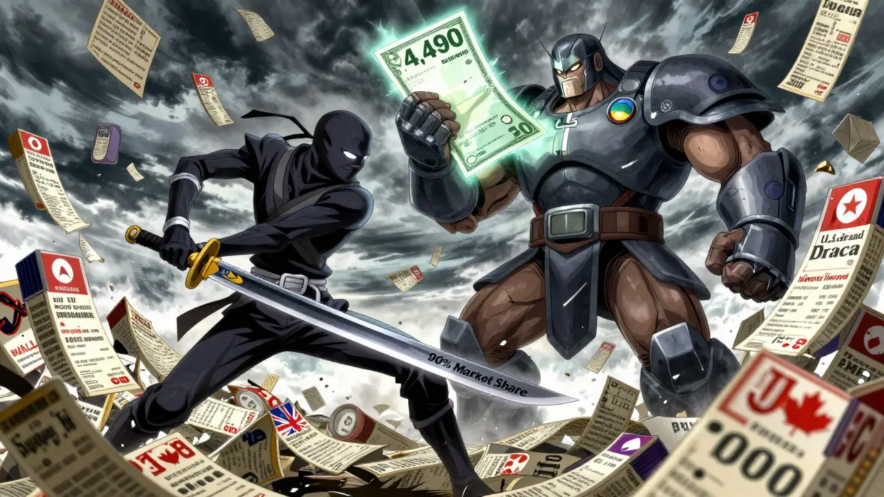 A ninja representing U.S. generics defeats inflated drug prices, while a giant brand-name drug tower looms behind.