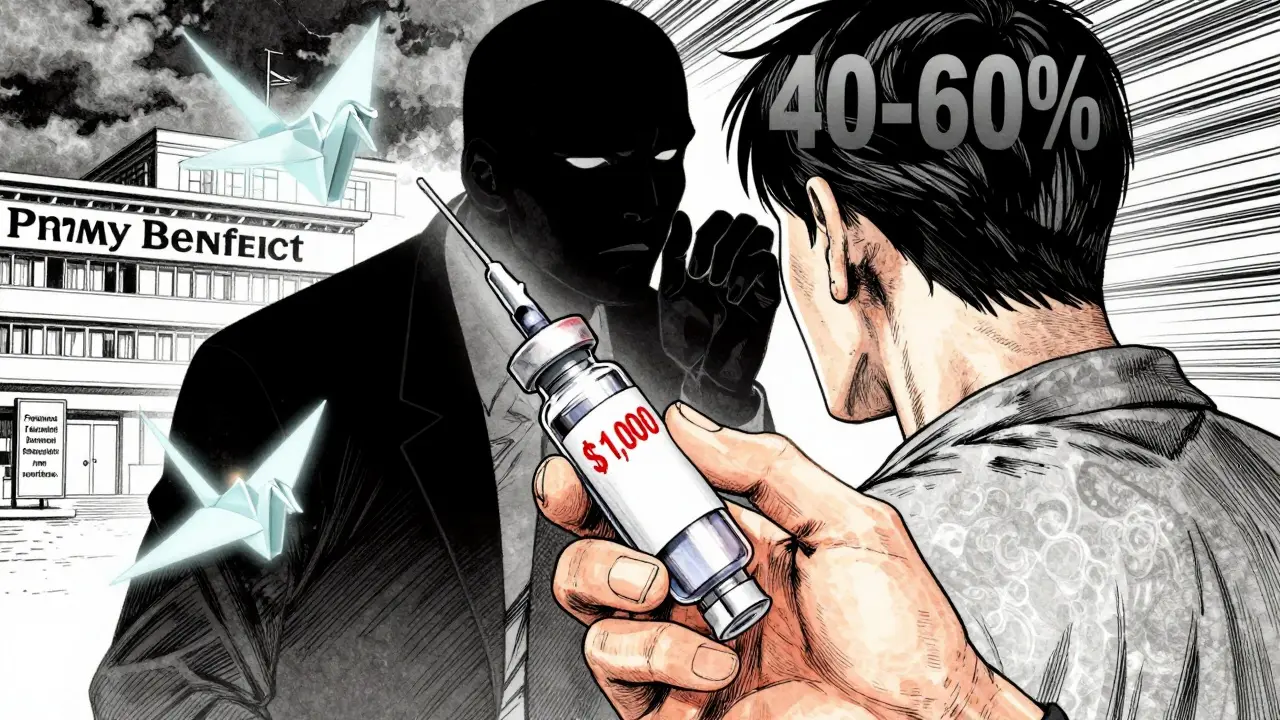 A patient holds an expensive insulin vial as shadowy rebate percentages float nearby, symbolizing hidden pricing systems.