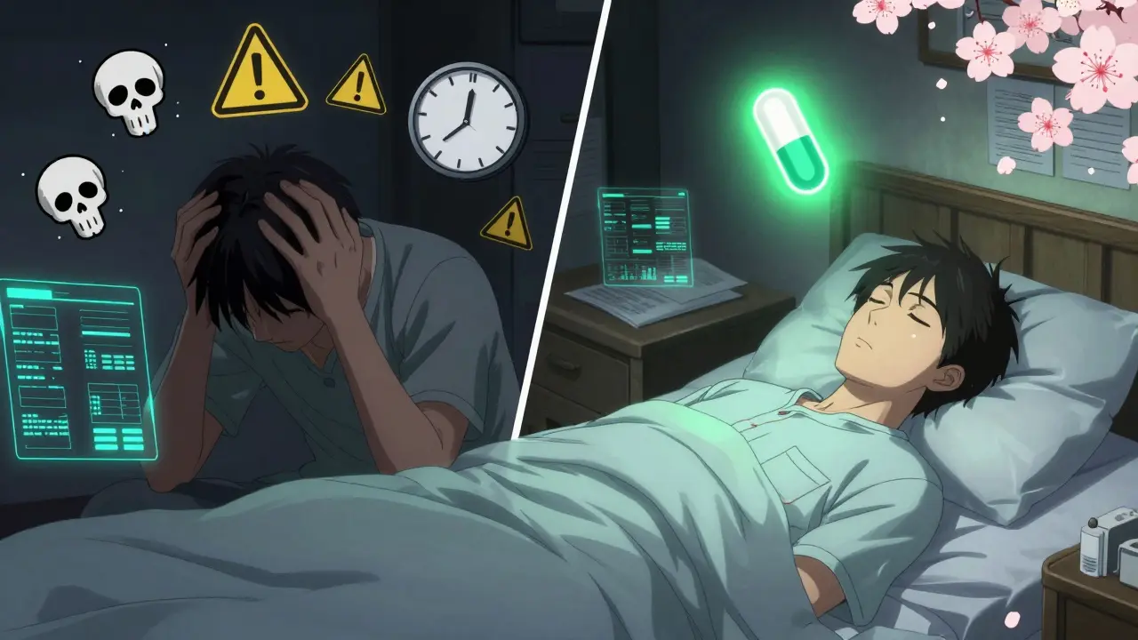 A patient transitions from distress to peace as a glowing generic pill radiates calm, surrounded by medical data like cherry blossoms.
