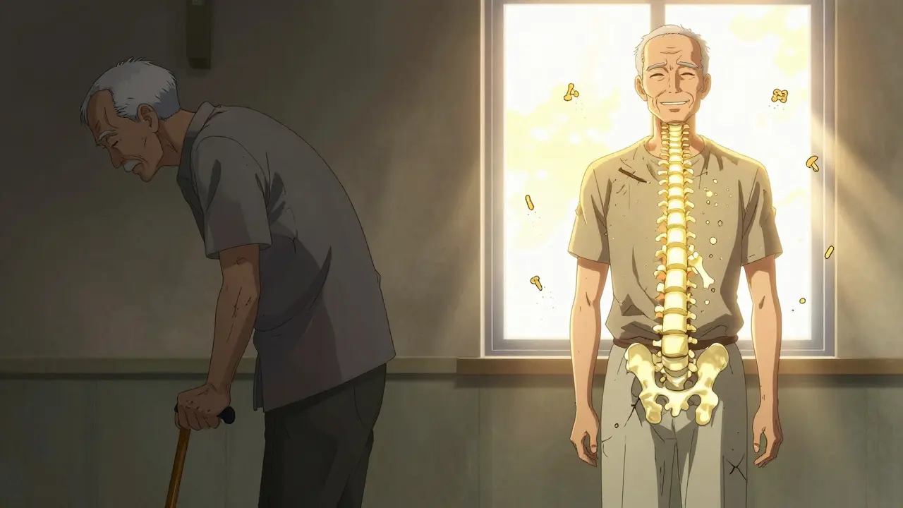 Before and after comparison of a man with spinal fracture, showing posture restoration after kyphoplasty.