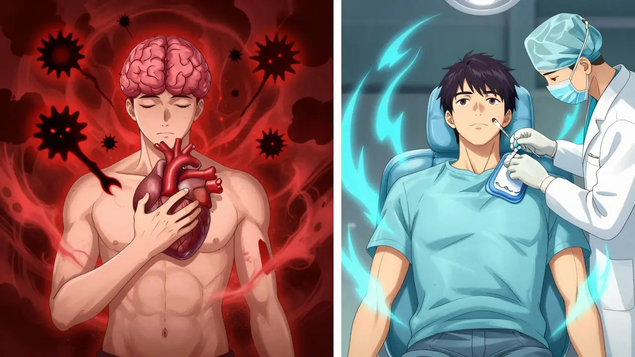 Contrasting images: one showing danger from stopping blood thinners, the other showing safety with proper dental care.