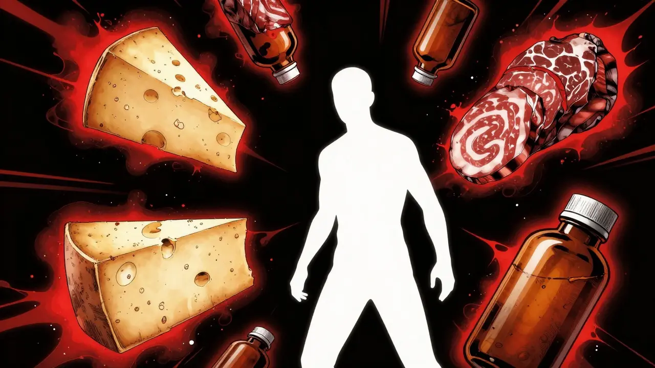 Dangerous cheese and meds floating with red warning aura