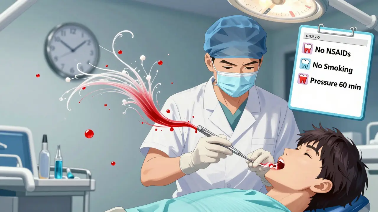 Dentist performing a tooth extraction with controlled bleeding and hemostatic measures in place.