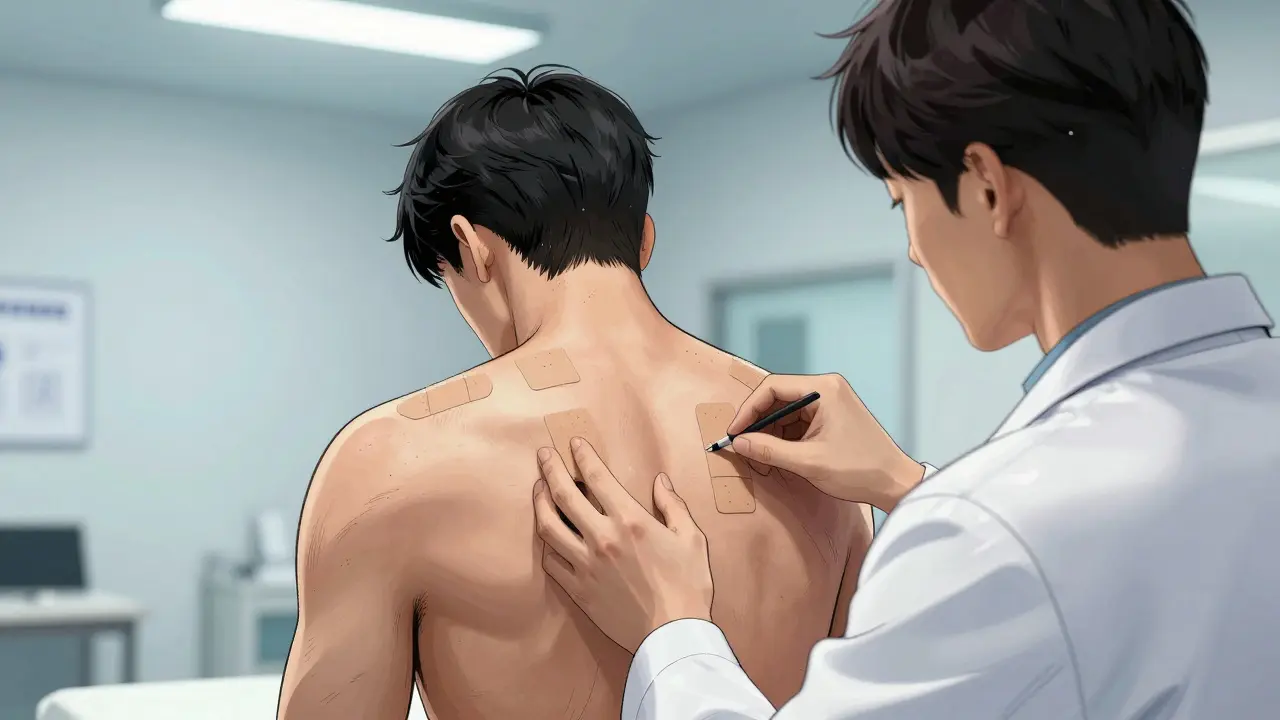 Dermatologist examining patch test adhesives on back.