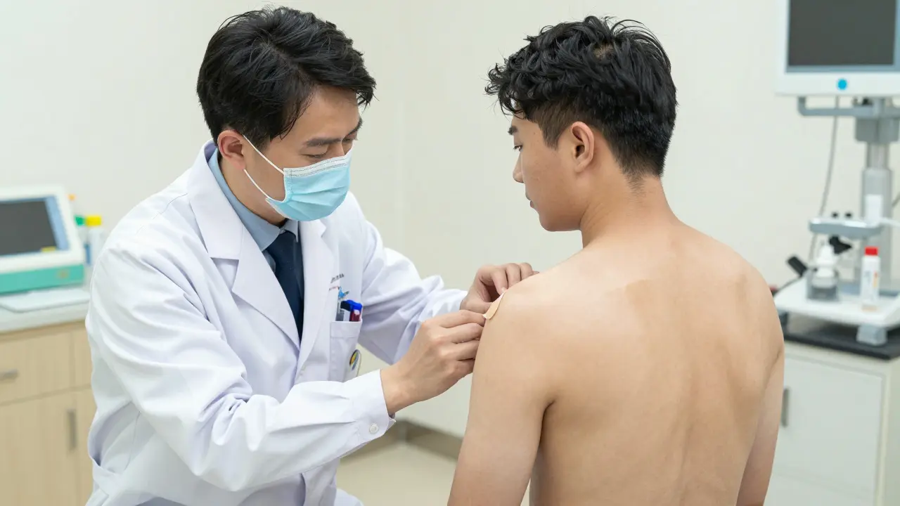 Dermatologist performing patch testing procedure on patient back