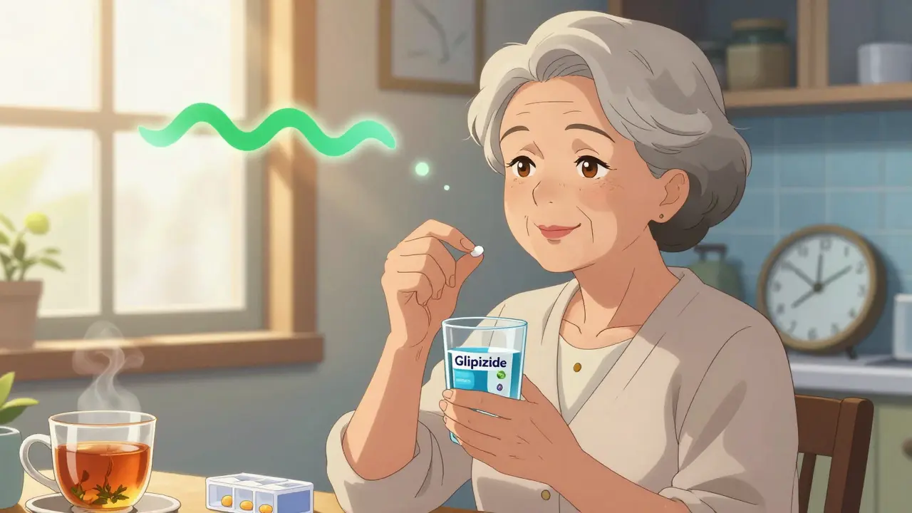 Elderly woman taking glipizide pill in sunlight, gentle green wave representing safe insulin release.