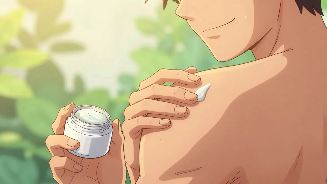 Hand applying healing ointment on smooth clear skin.