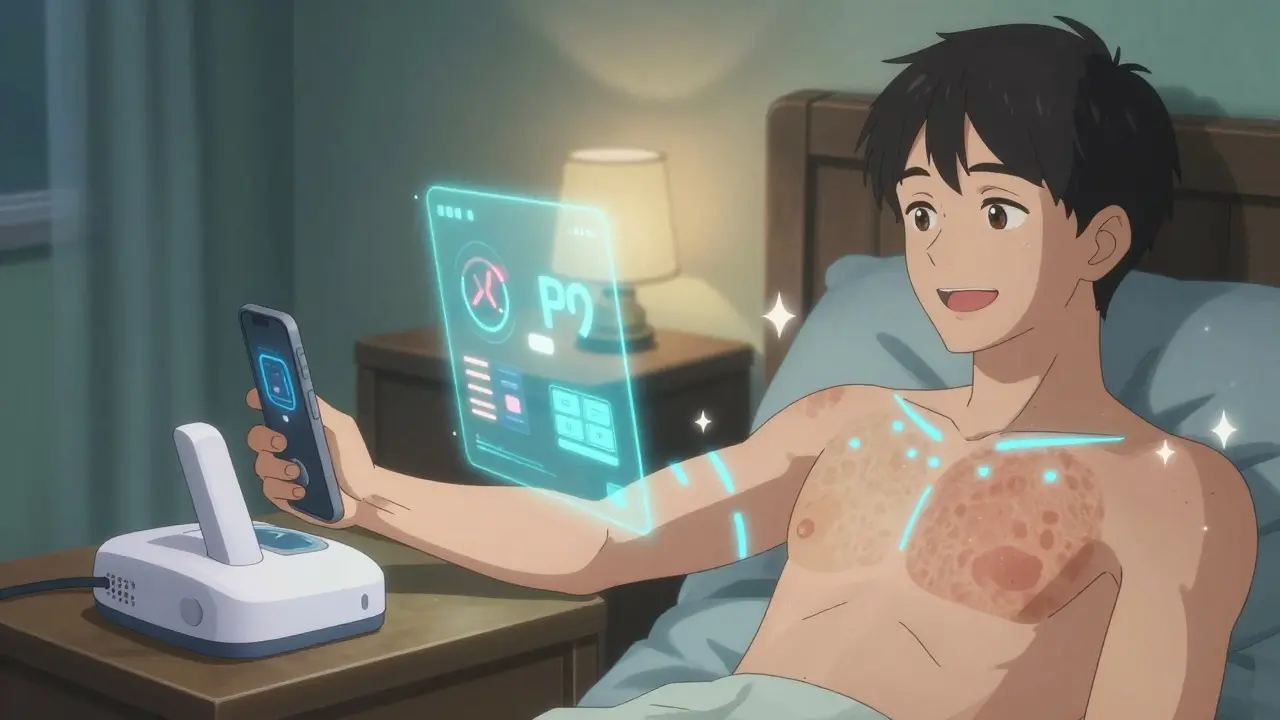 Home phototherapy session with AI device scanning skin via smartphone, holographic dose display, and early repigmentation on chest.