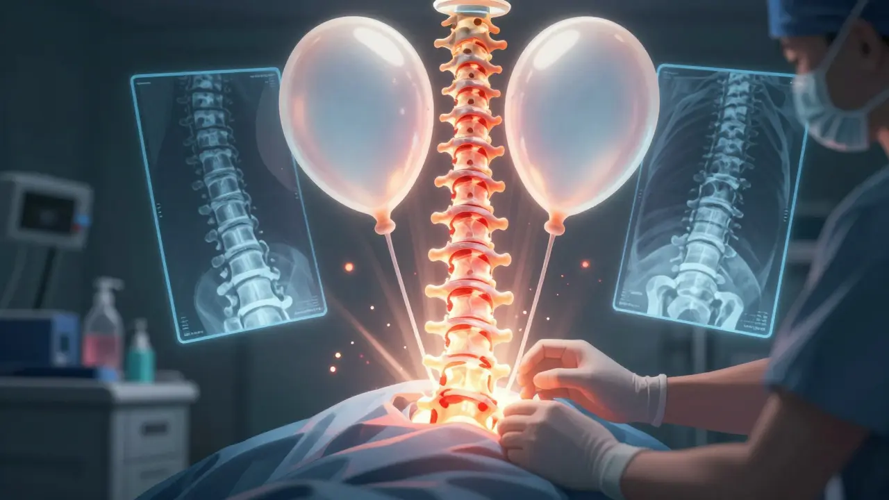 Kyphoplasty procedure with balloons lifting a collapsed vertebra as cement fills the cavity.