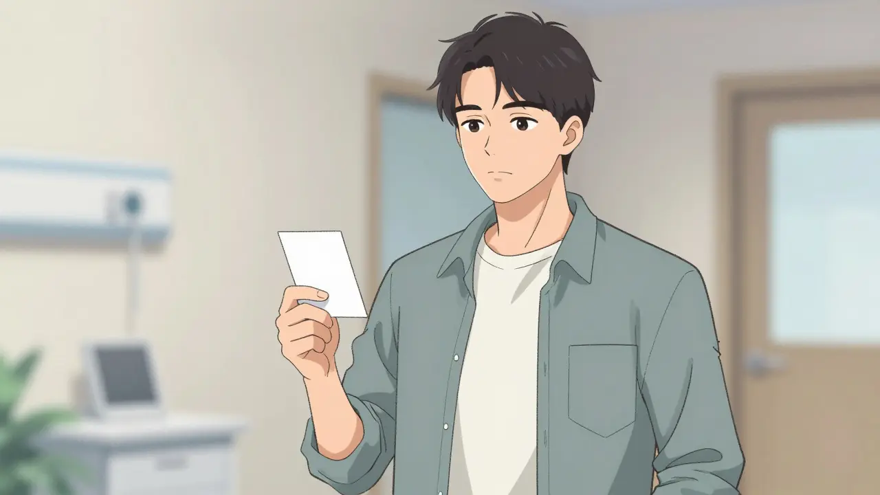 Patient holding safety card in calm indoor setting