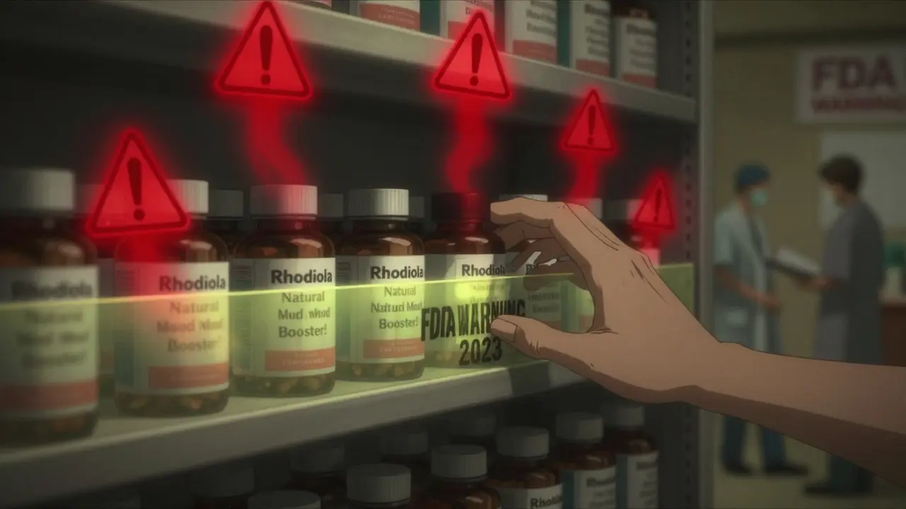 Pharmacy shelf with Rhodiola supplements and ghostly FDA warnings, hand reaching but blocked, dark anime aesthetic.