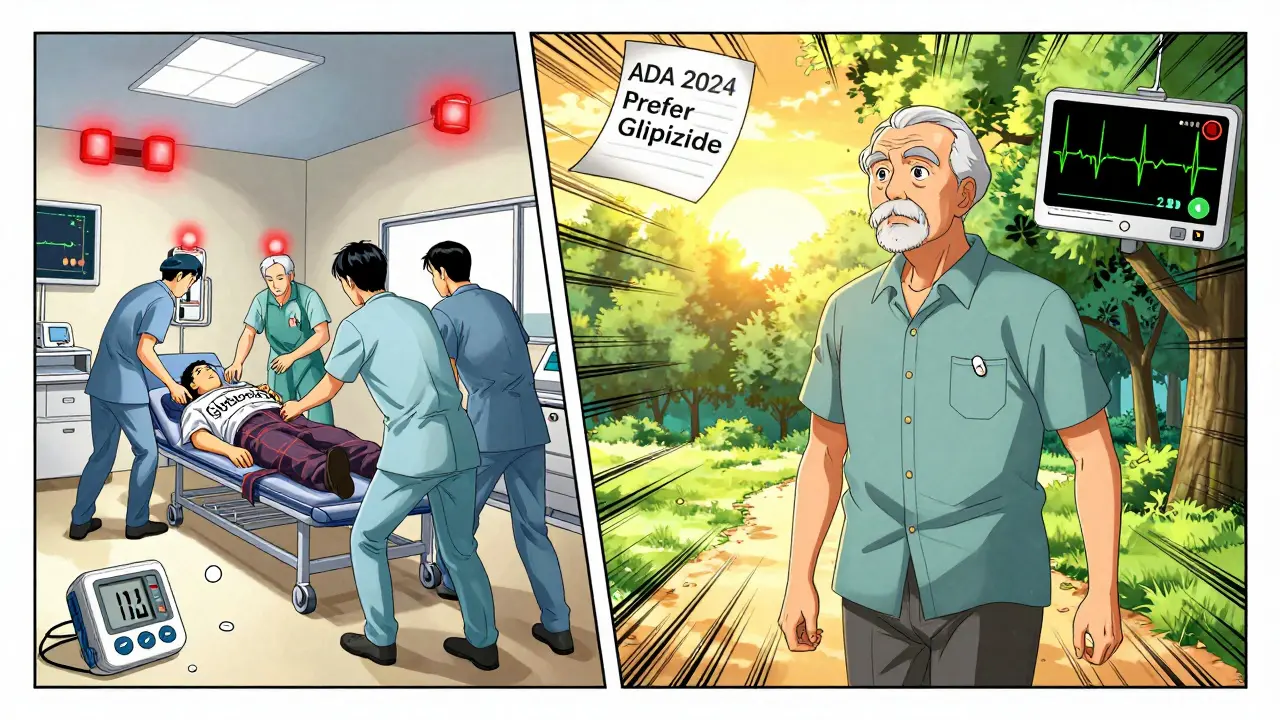 Split scene: chaotic ER for glyburide vs calm walk in park for glipizide with medical guidelines above.