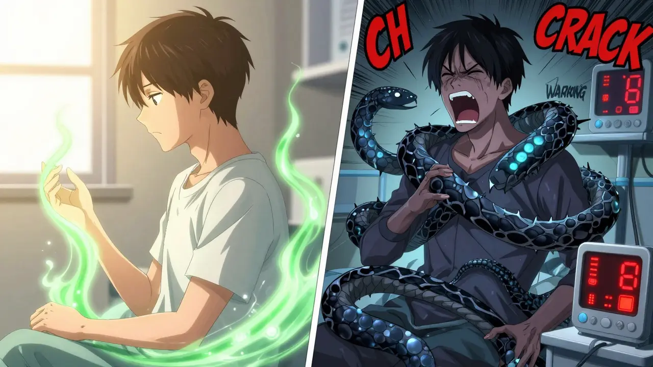 Split scene: peaceful Rhodiola use vs. serotonin serpent attacking, hospital alarms flashing, manga-style emotional contrast.