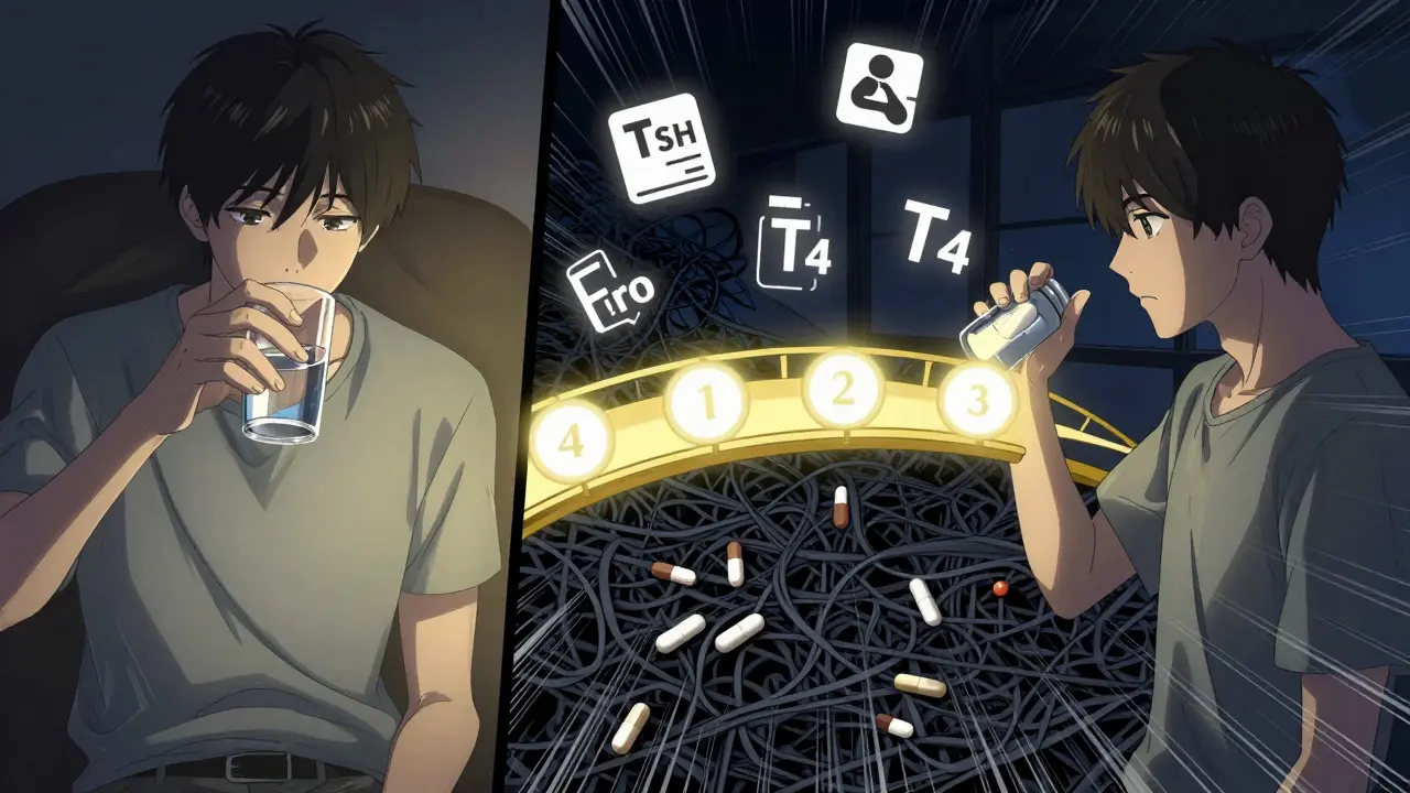 Split scene showing thyroid medication taken in morning and supplements taken at night with a glowing four-hour gap between them.