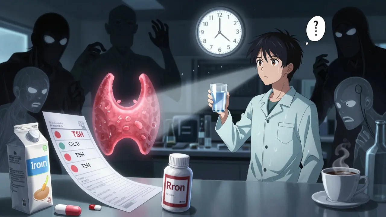 Thyroid gland surrounded by shadowy supplement villains, a patient holds a clock at midnight as light cuts through the chaos.