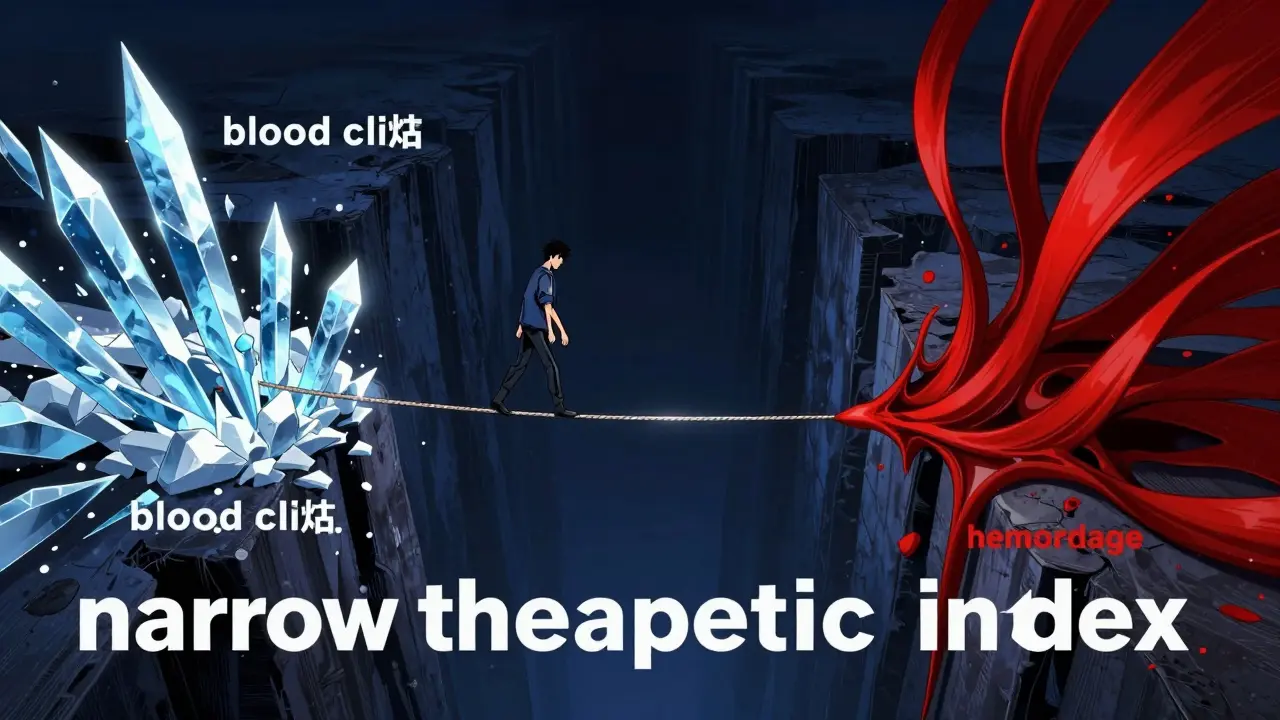 A conceptual manhua illustration of a person balancing on a tightrope between clotting and bleeding.