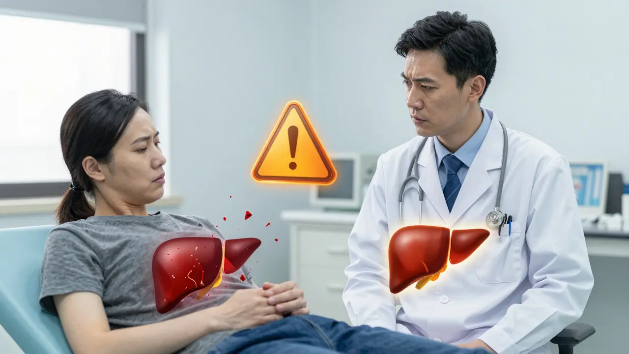 A doctor examining an exhausted patient with symbols of liver distress.