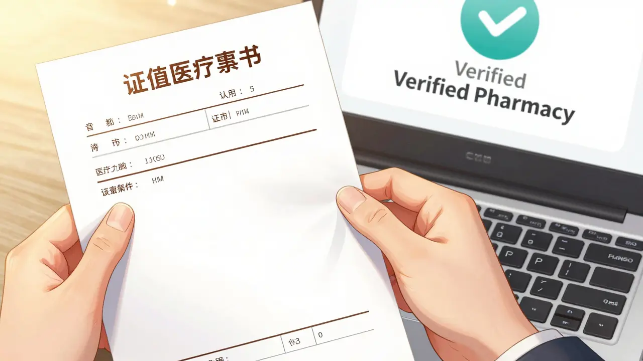 A hand holding a medical prescription next to a verified online pharmacy website.