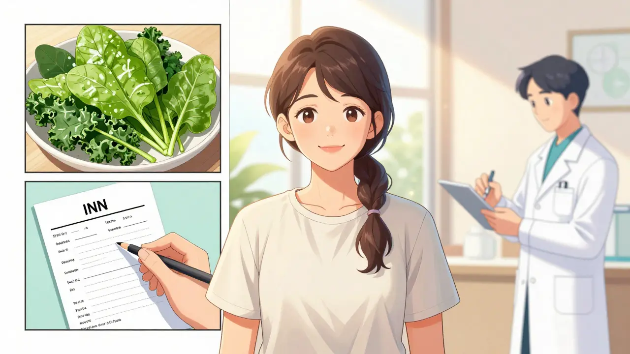 A manhua montage showing a healthy diet and medical monitoring for Warfarin stability.