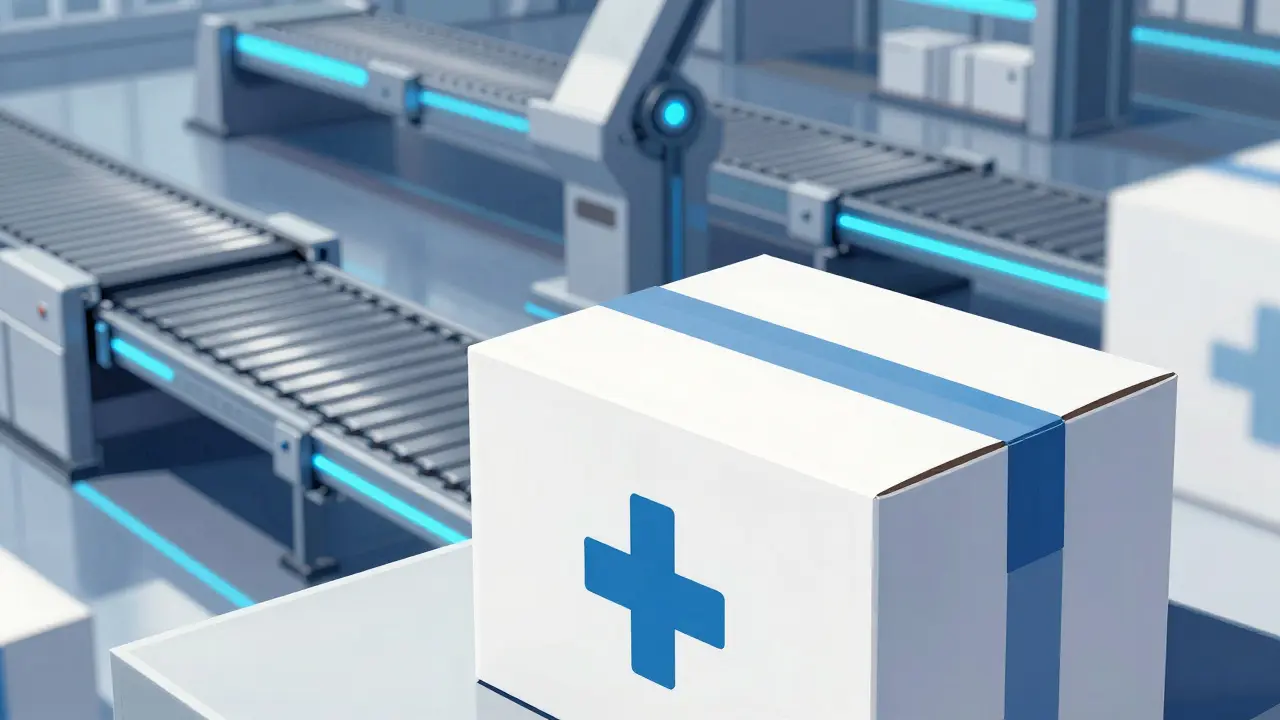 A professional pharmacy package being prepared for delivery in a high-tech warehouse