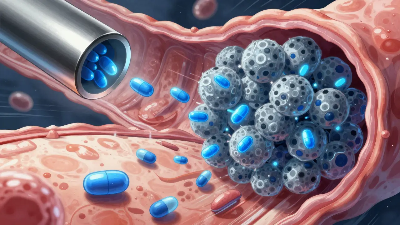 Conceptual manhua illustration of metal ions binding to antibiotic molecules in the gut