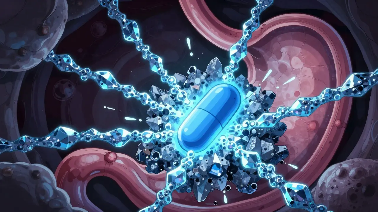 Manhua illustration of a medication pill being blocked by mineral chains in the stomach.