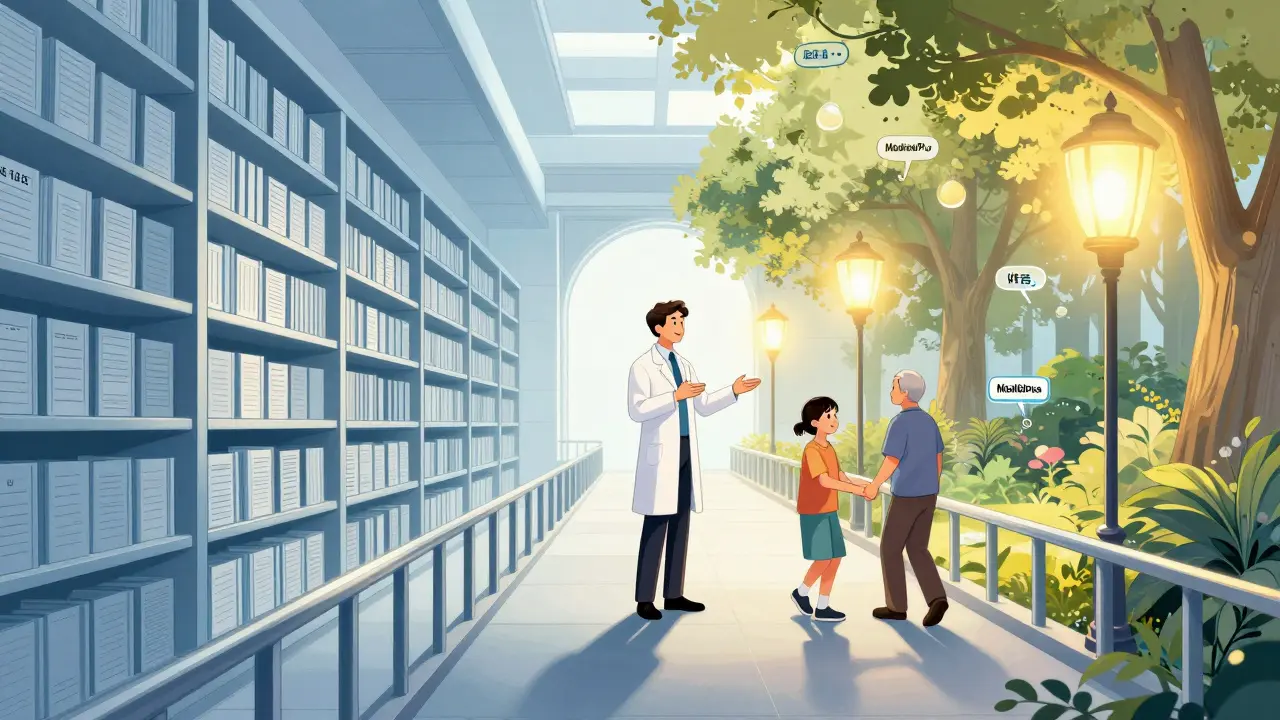 Manhua style bridge connecting a sterile technical library to a bright, easy-to-understand garden.