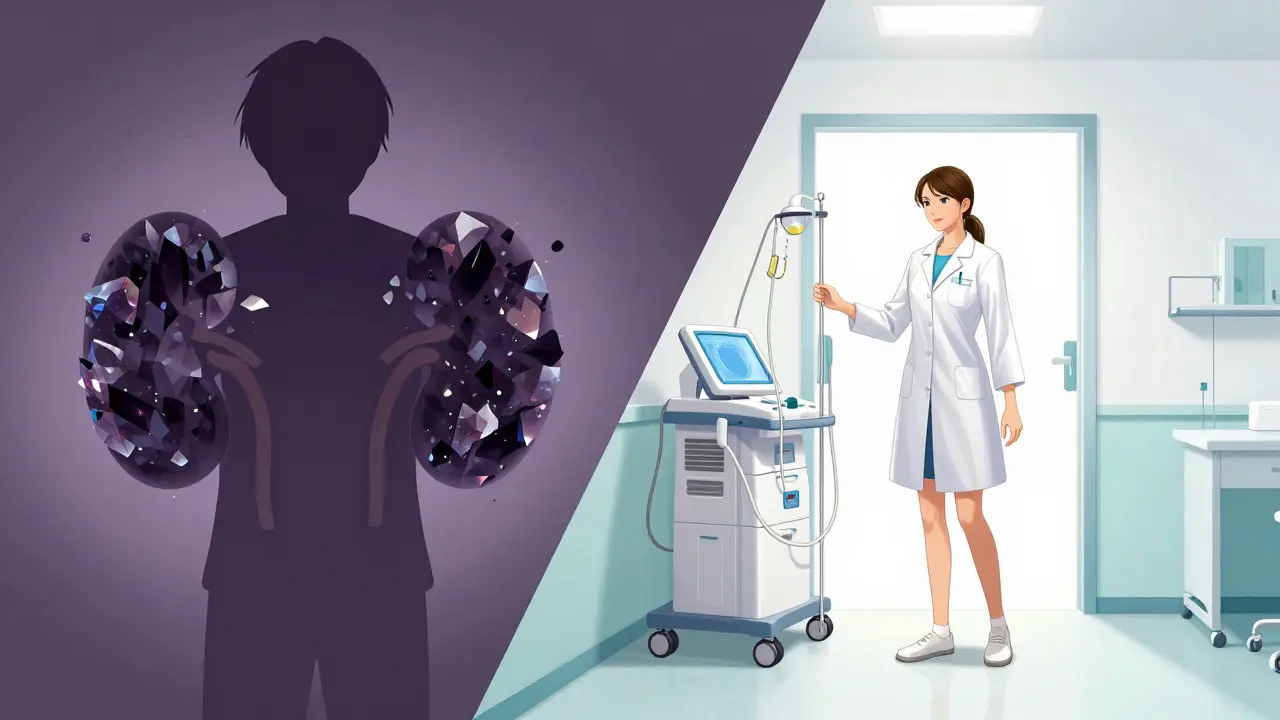 Manhua style conceptual art showing the transition from kidney failure symptoms to dialysis relief.