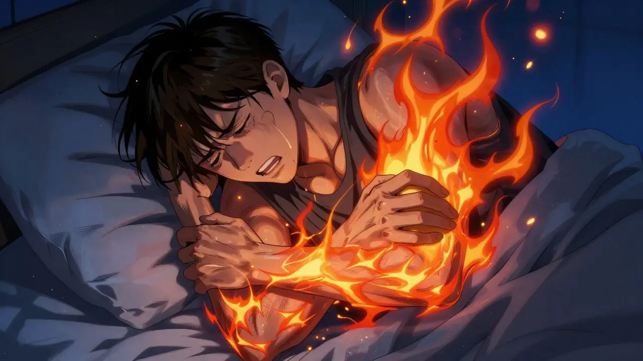 Manhua style depiction of a person experiencing intense systemic itching at night.