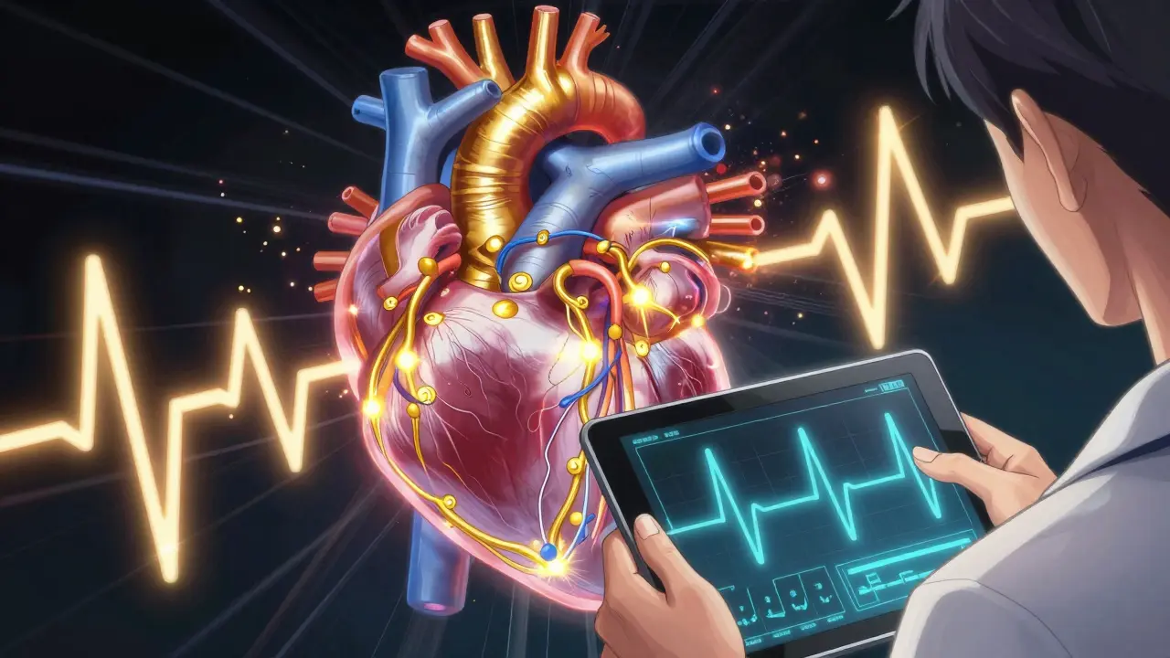 Manhua style illustration of a heart's electrical system with sparks.