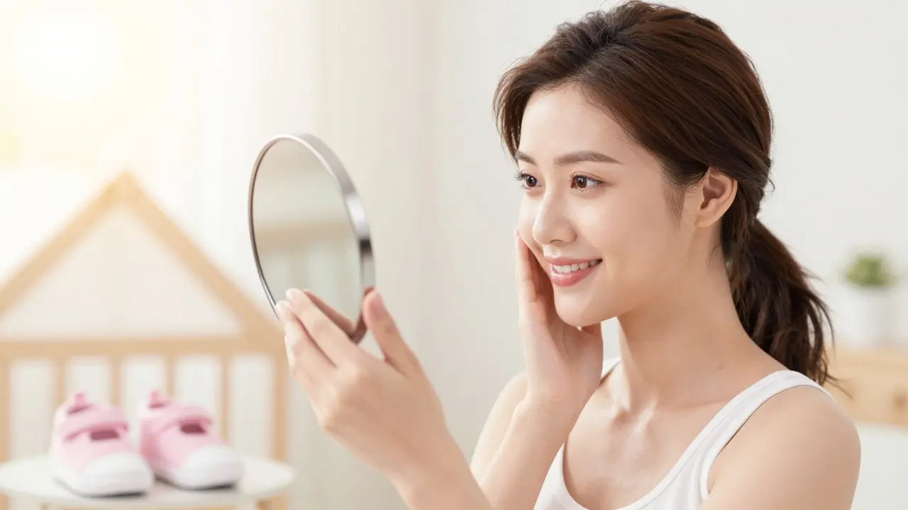 Manhua style image of a confident woman with clear skin, symbolizing long-term PCOS health.