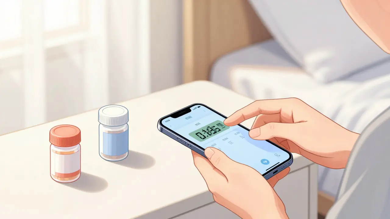 Manhua style image of a person setting a phone alarm to time their medication doses