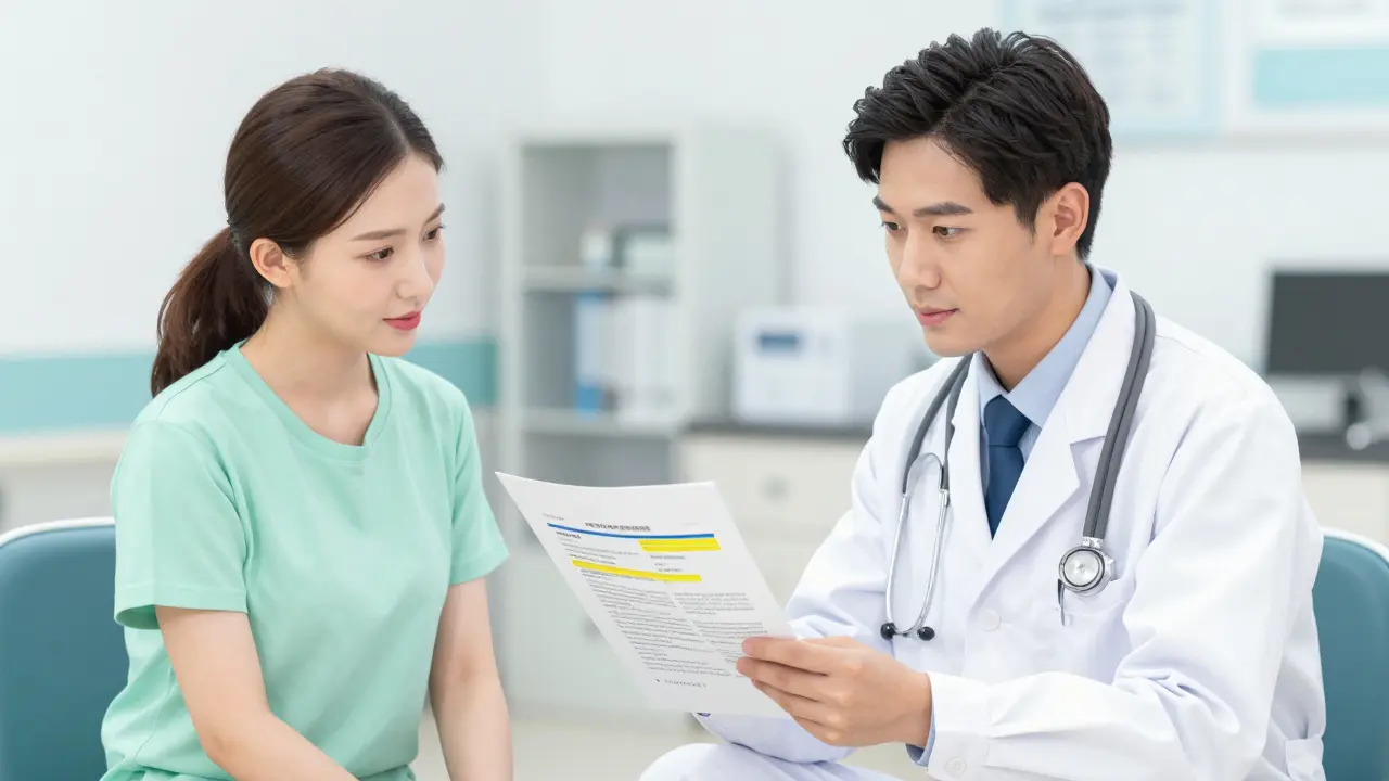 Manhua style patient and doctor collaboratively reviewing a printed medication guide in a clinic.