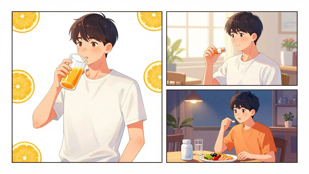 Manhua style sequence showing the correct timing for taking iron, medicine, and calcium.