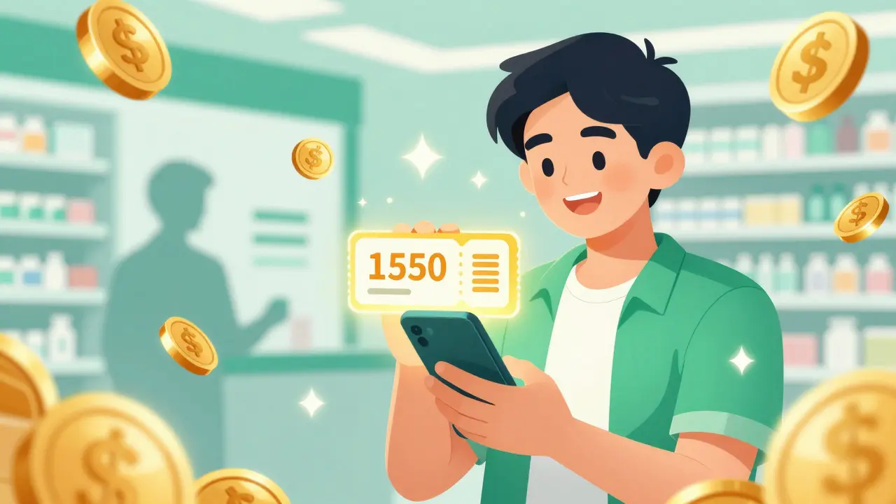 Person smiling while using a digital discount coupon on their smartphone