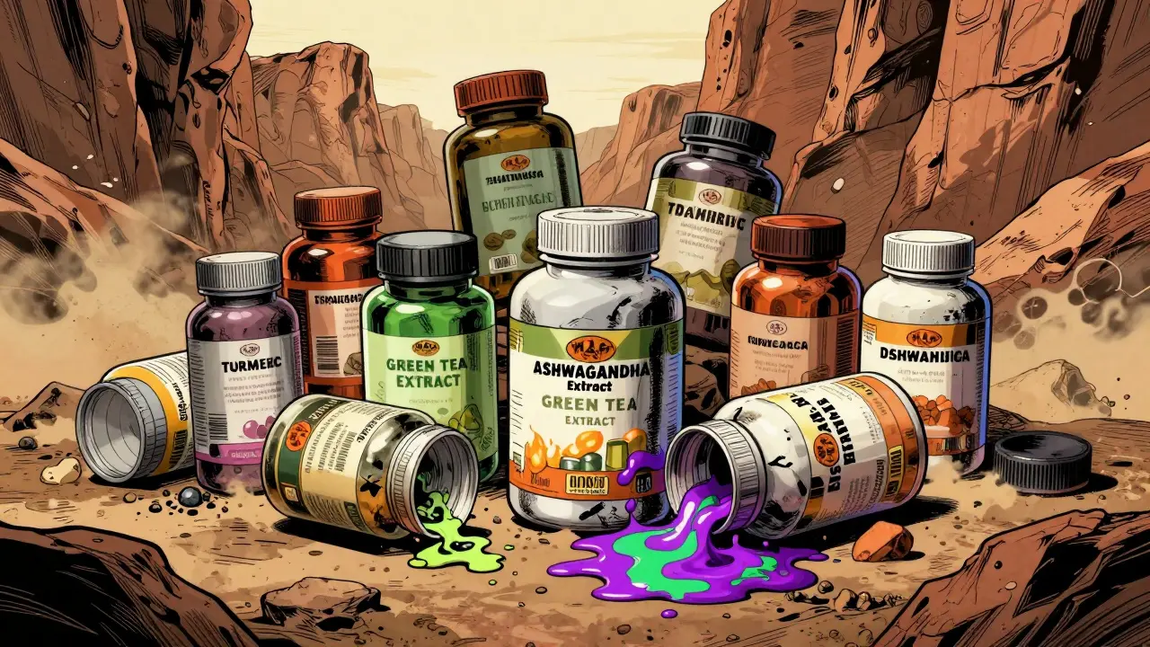 Supplement bottles leaking toxic sludge in a chaotic, rocky landscape.