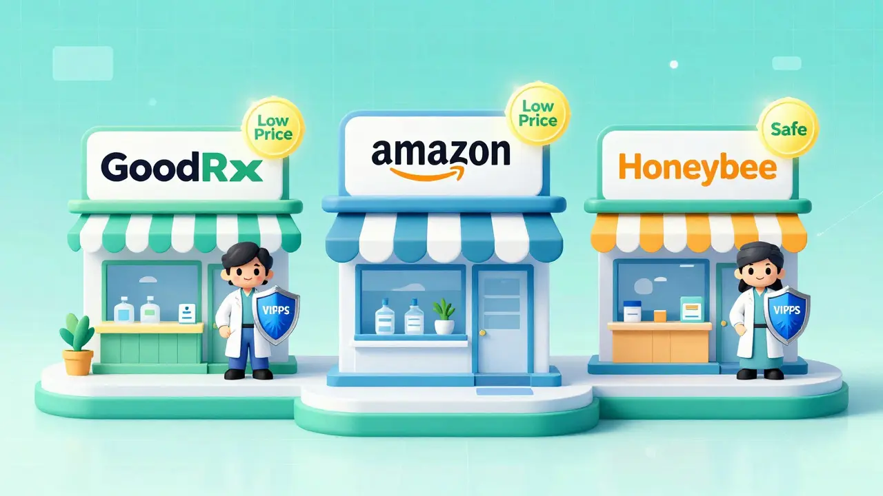 Comparison of safe online pharmacy platforms with verification seals.
