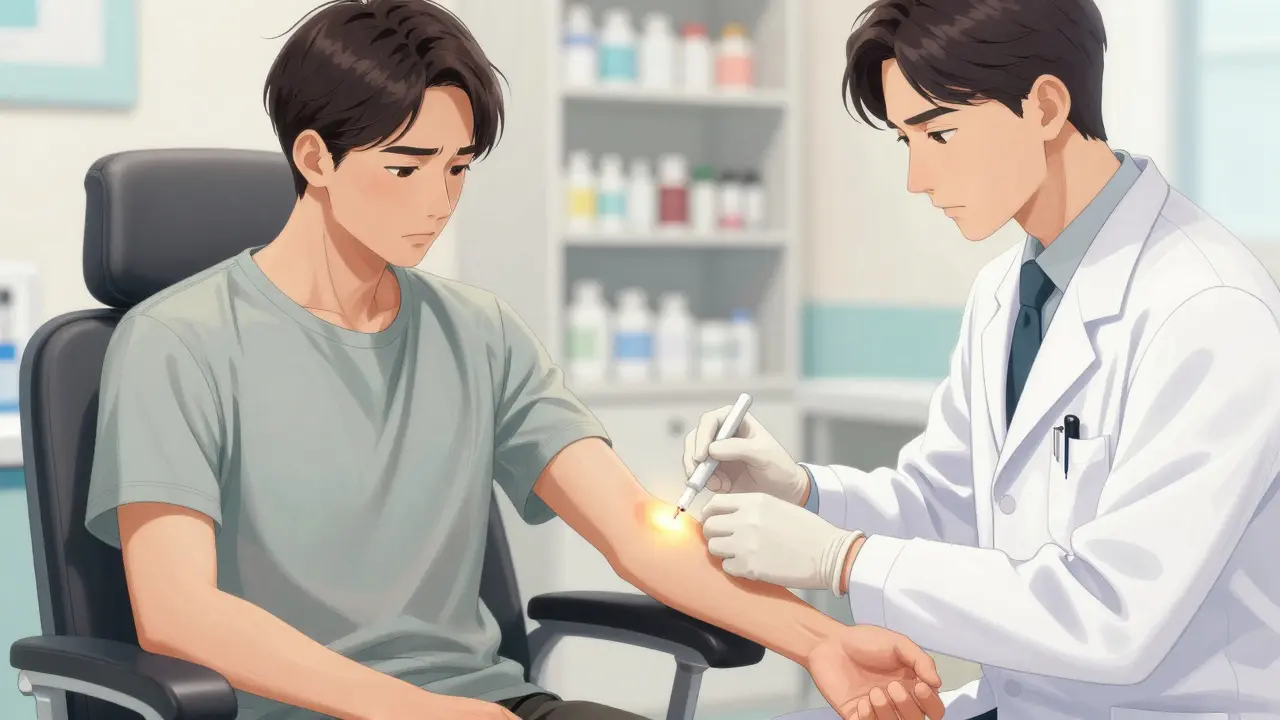 Doctor performing skin prick test for drug allergy