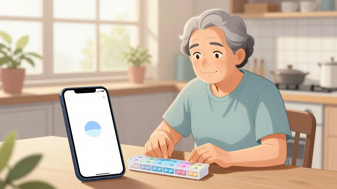 Elderly person organizing pills at home with smartphone aid