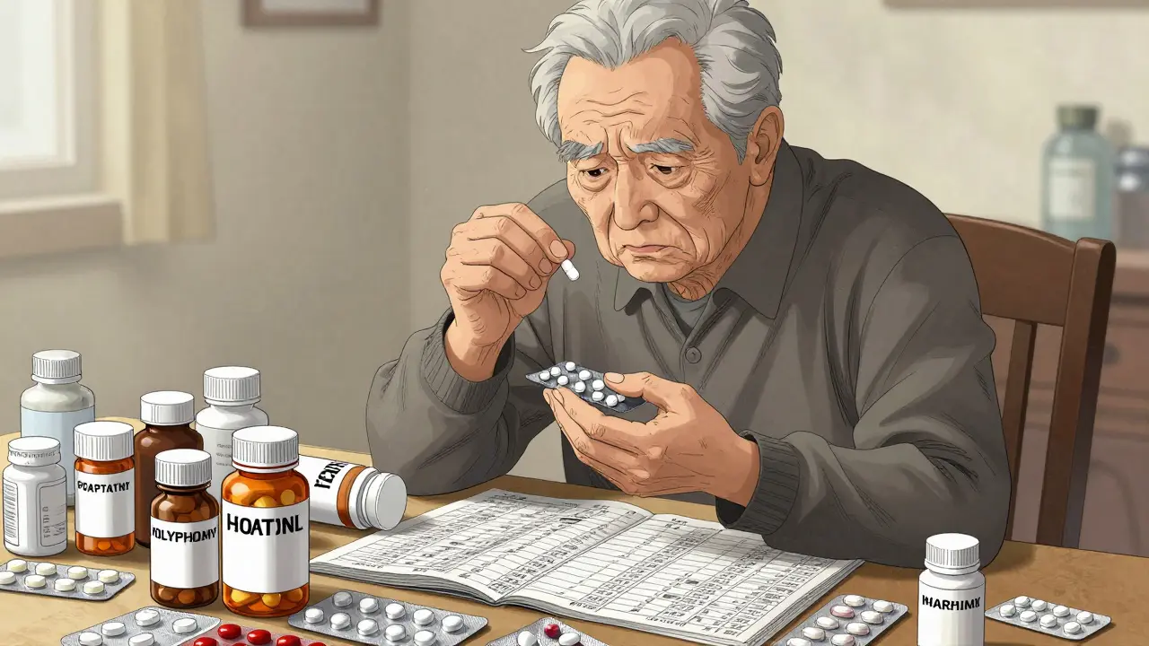 Elderly person overwhelmed by many pill bottles and complex schedules.