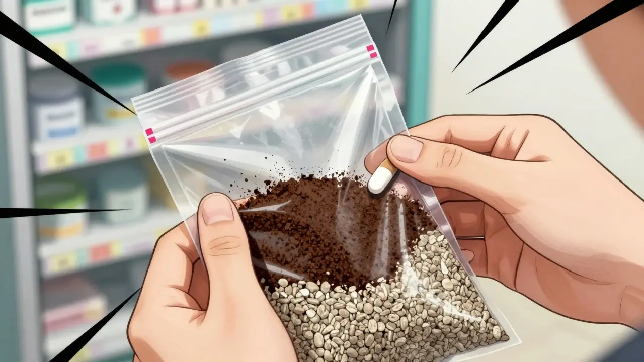 Hands mixing expired pills with coffee grounds for safe disposal