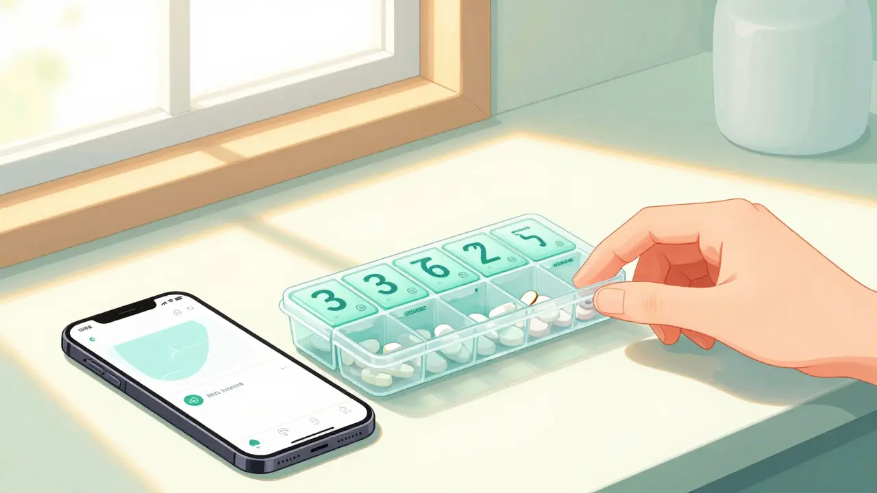 Organized pill box and phone reminder app representing safe medication habits.
