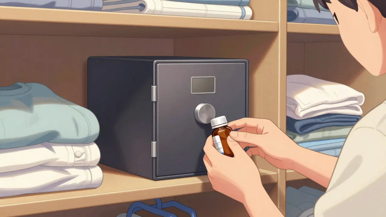 Parent locking medications in a secure box in a dry bedroom closet