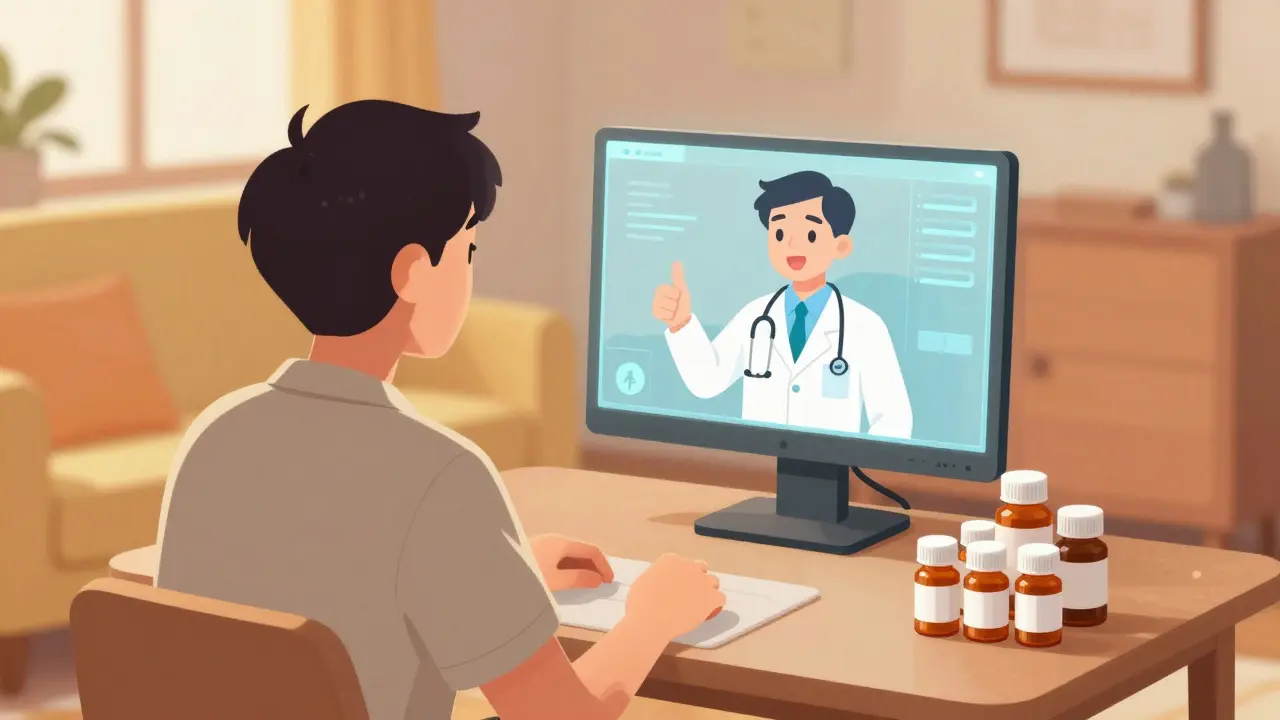 Patient using telehealth service to securely obtain prescriptions.
