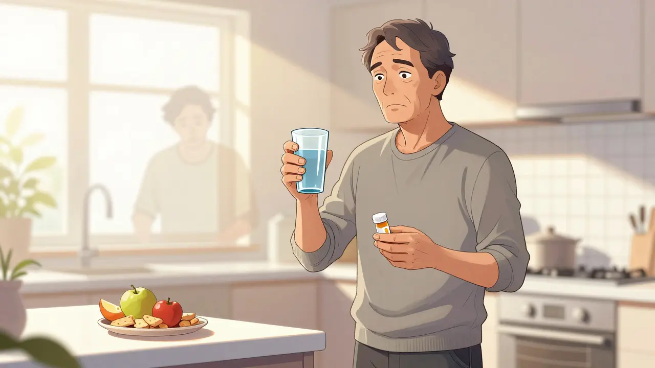 Person taking medication before meals with improved mobility and confidence.