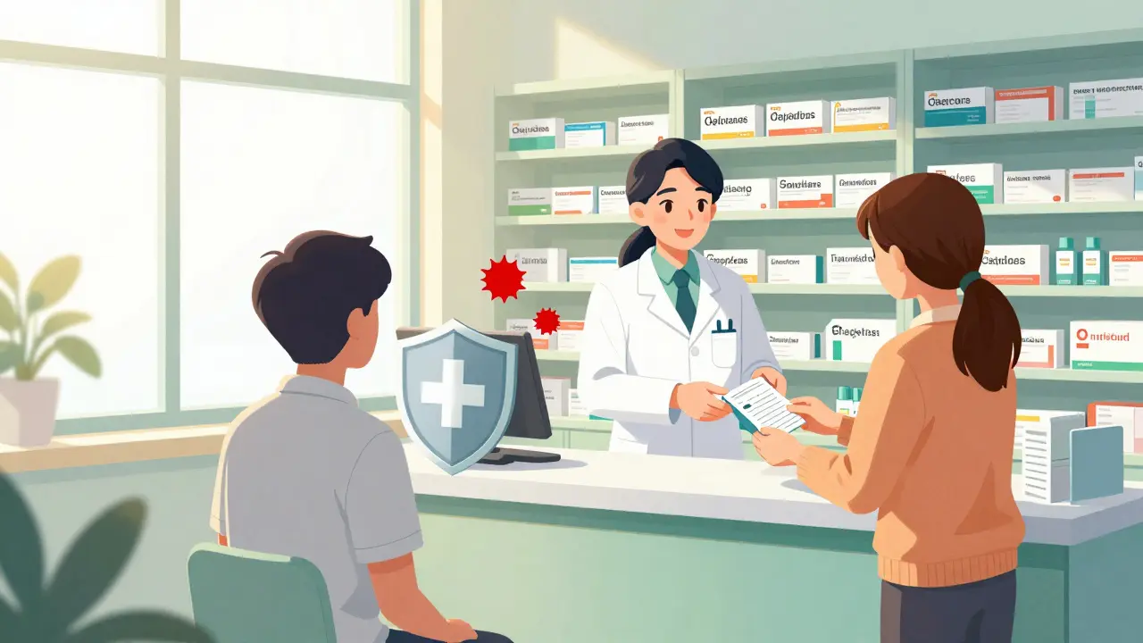 Pharmacist handing medicine to customer in bright safe pharmacy setting