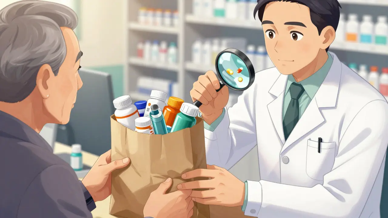 Pharmacist reviewing patient's brown bag of medications closely